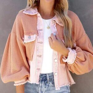 Waffle Knit Color Block Patchwork Button Down Light Shacket Jacket Pink/Cream